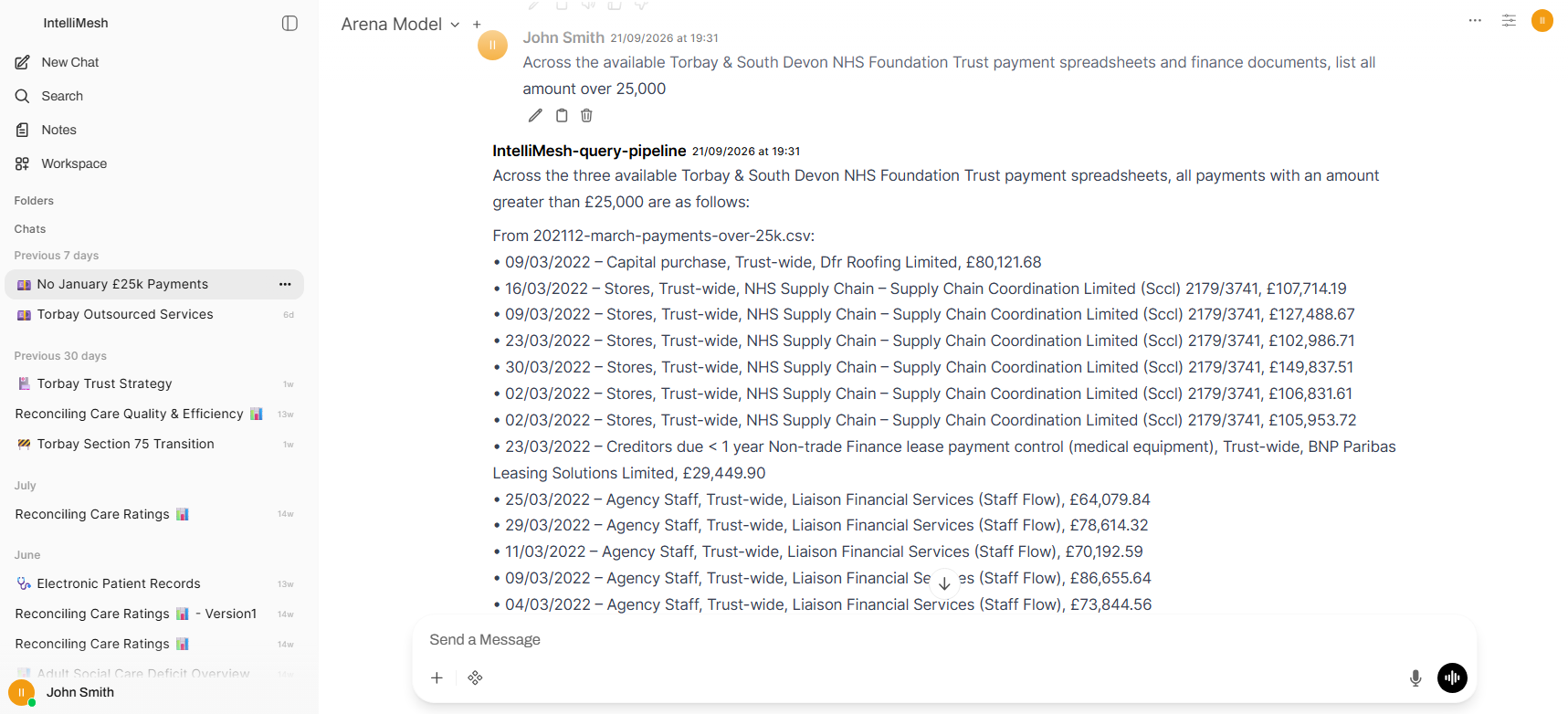 IntelliMesh product interface showing a natural language query and payment results